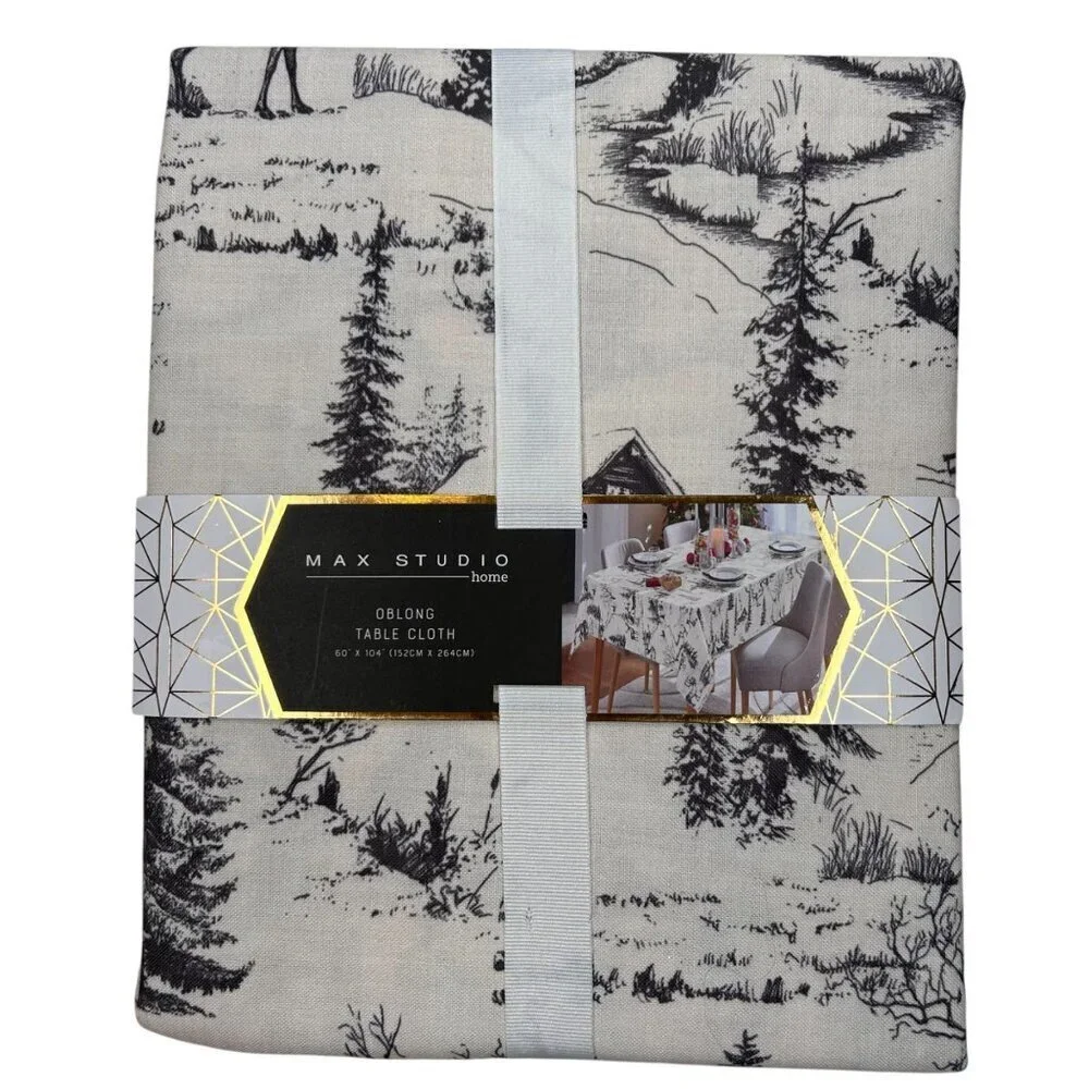 Max Studio Oblong Tablecloth Rustic Forest Winter Wonderland Cabin Trees Snow